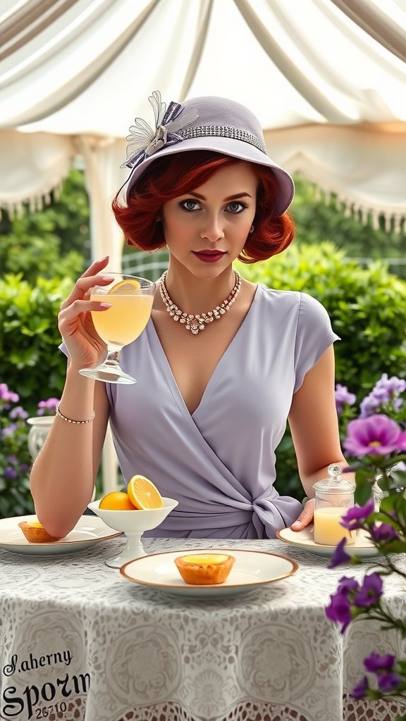 A woman in a lilac dress and hat holding lemonade at a garden party table with treats and flowers.