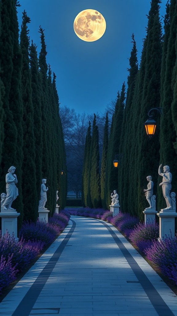 A moonlit garden path lined with cypress trees and statues, featuring lavender flowers along the sides.