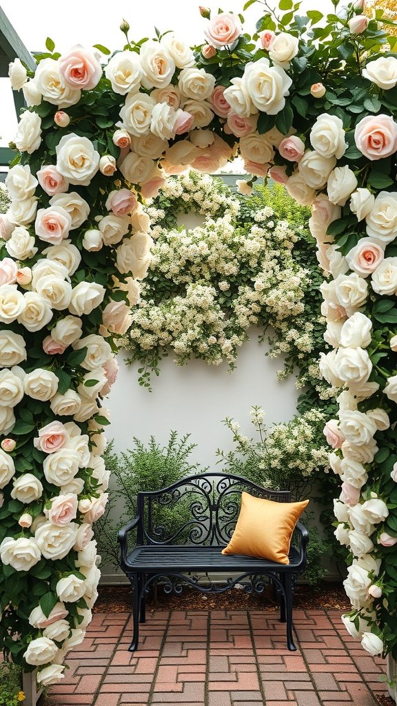 A beautiful rose tunnel with white and pink roses, leading to a black wrought iron bench with a golden cushion.