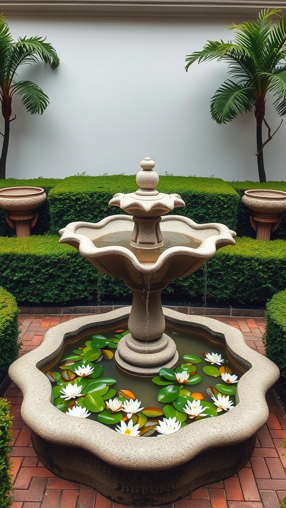 A beautifully designed ornamental fountain surrounded by manicured hedges and water lilies, reflecting 1920s elegance.