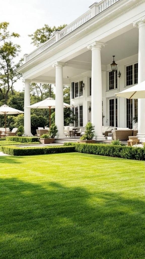 A manicured lawn with columns and seating, inspired by Gatsby's Garden.