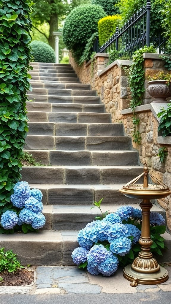 Stone steps leading up to a garden, flanked by hydrangeas and greenery.