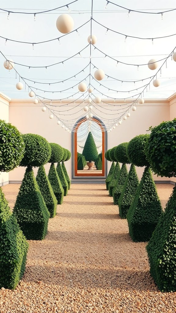 A beautifully manicured garden with symmetrical topiaries and string lights, resembling Gatsby's Garden.