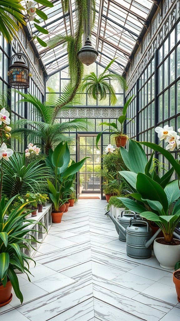 Interior of a greenhouse filled with lush plants and flowers, showcasing a blend of elegance and nature.