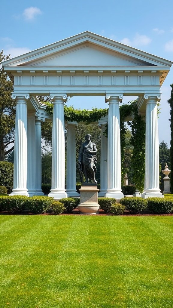 A columned garden pavilion with a statue surrounded by manicured grass and greenery.