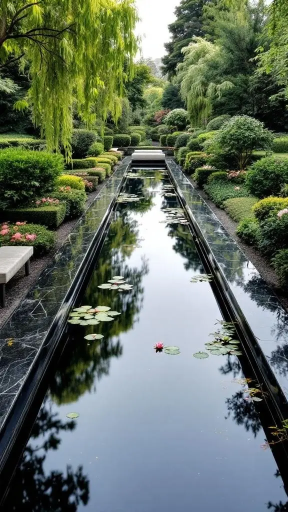A modern mirror pool with lily pads and a white bench surrounded by greenery.
