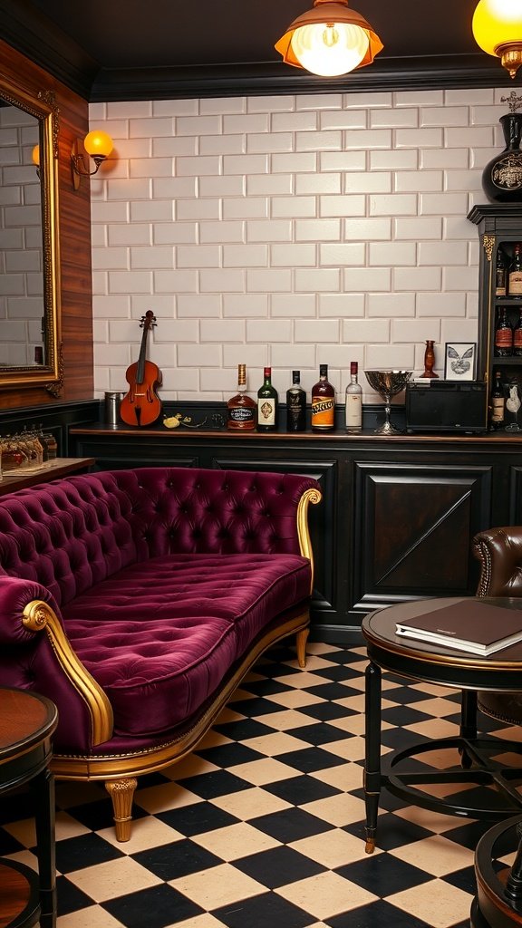Plum velvet couch in a speakeasy-style room with bar elements and checkered floor