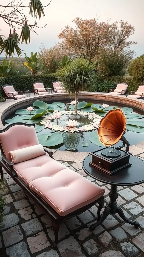 A serene garden scene featuring a pond with lily pads, lounge chairs, and a vintage gramophone.