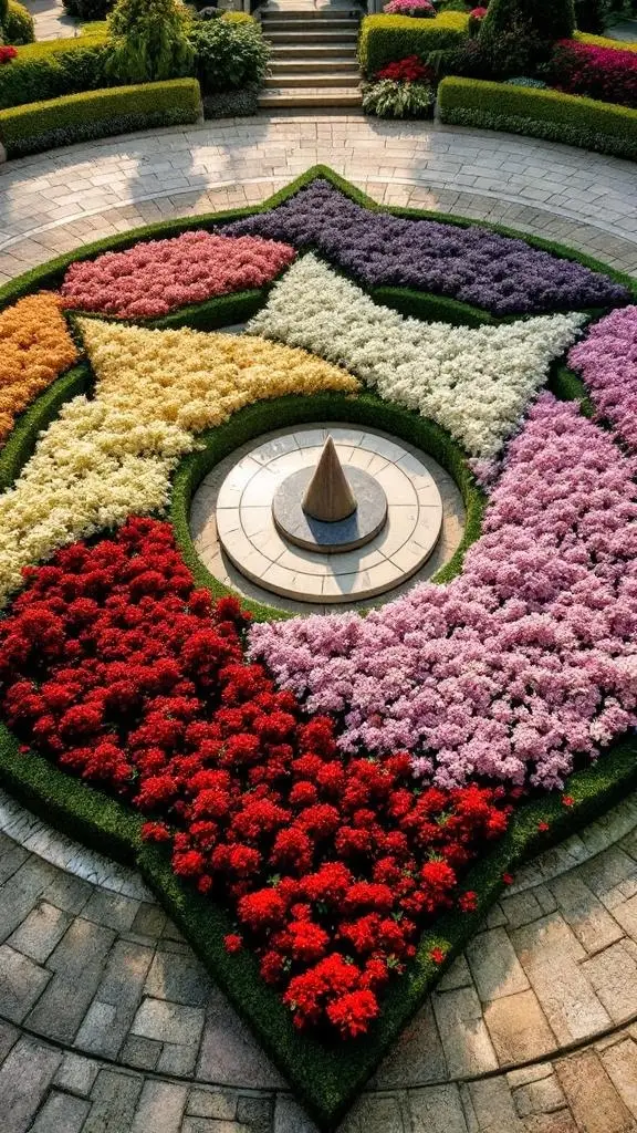 A beautifully landscaped garden featuring a compass design made of colorful flowers, including red roses and pink blooms, surrounded by lush greenery.