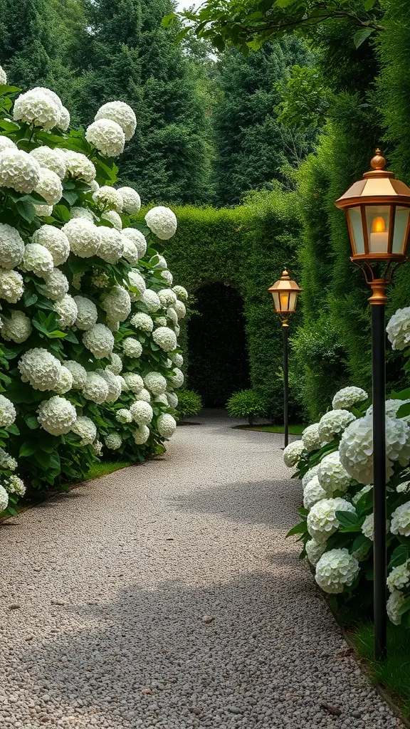 A picturesque garden pathway lined with white hydrangeas and ornamental lanterns.
