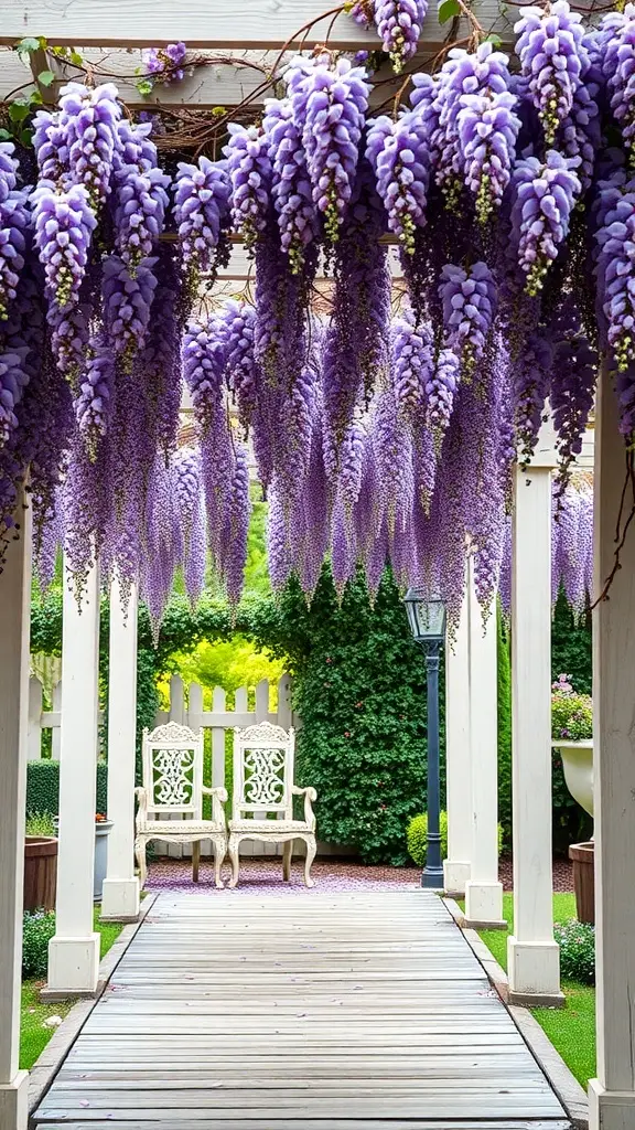 A beautiful pergola draped with purple wisteria flowers, featuring white chairs and lush greenery in a manicured garden.