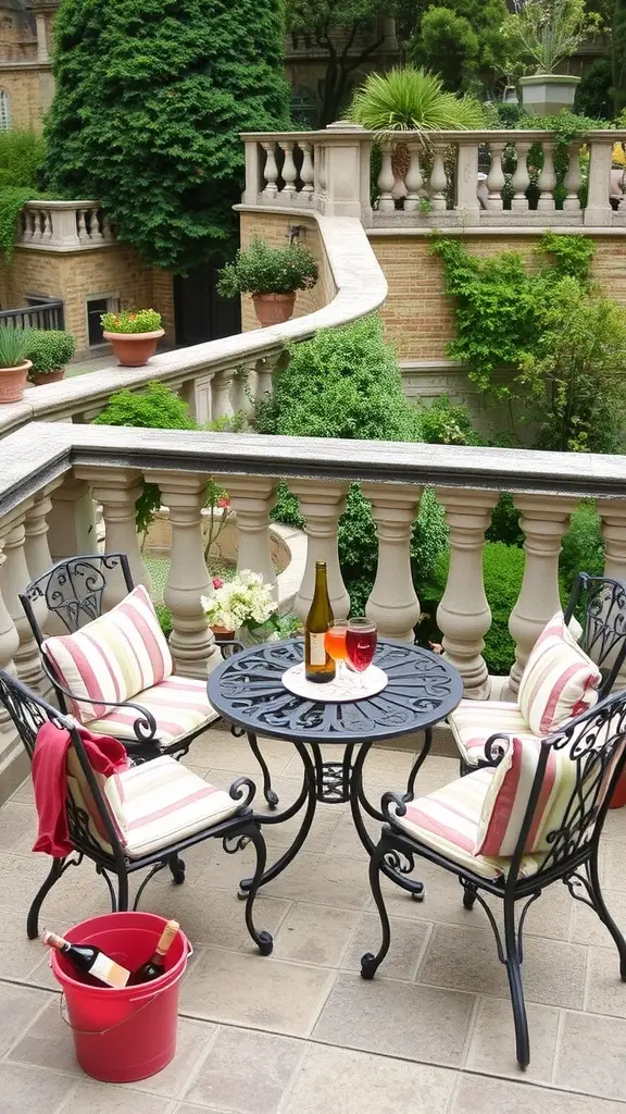A charming terrace with a table and chairs, surrounded by lush gardens, reflecting 1920s elegance.