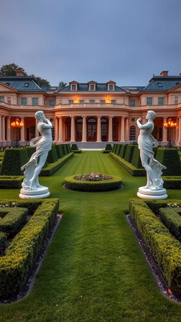 A beautifully manicured garden with boxwood hedges, statues, and a circular flower bed, reflecting the elegance of Gatsby's era.