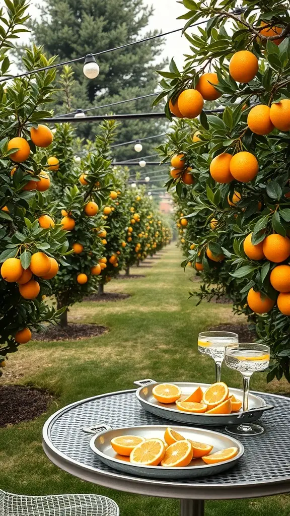 A citrus grove with orange trees and a table set with sliced oranges and drinks.