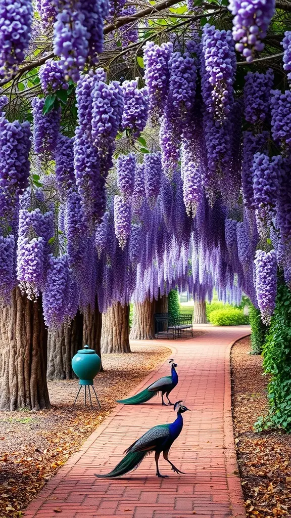 A beautiful Wisteria Walk with purple flowers hanging overhead and peacocks walking along a brick path.