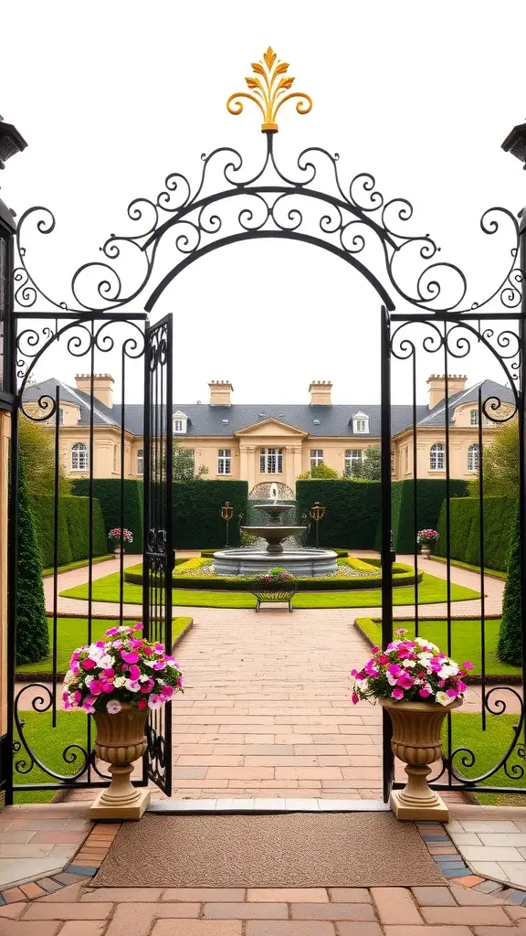A beautifully designed garden gate with intricate ironwork and a golden top, leading into a manicured garden with a fountain and flower pots.