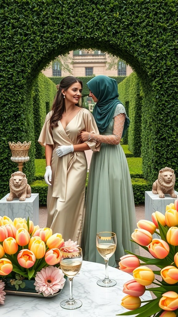 Two women at a Gatsby garden party, one in a gold dress and one in a green gown, surrounded by flowers and greenery.