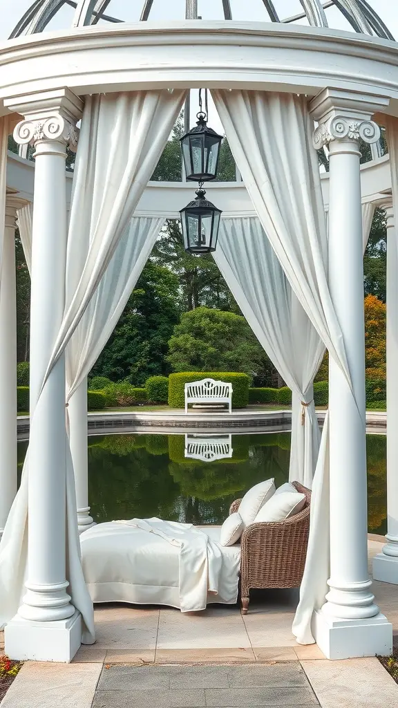 A gazebo with white drapes and lanterns, overlooking a pond surrounded by manicured gardens.