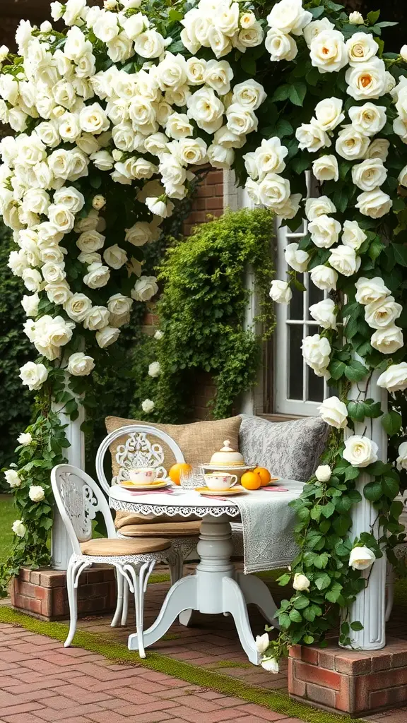 A charming tea garden with a white trellis adorned with white roses, a small table set for tea, and a cozy chair.