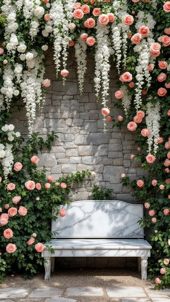 A beautiful arrangement of roses cascading down a wall, with a white marble bench below.
