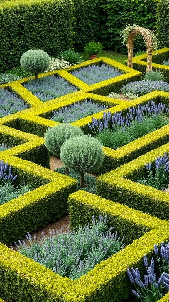 A beautifully manicured herb parterre garden with symmetrical designs and vibrant plants.