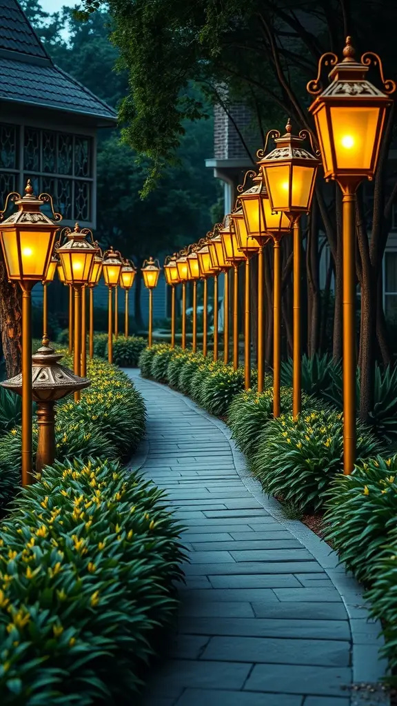 A beautifully lit garden path lined with lanterns and lush greenery, reminiscent of Gatsby's era.