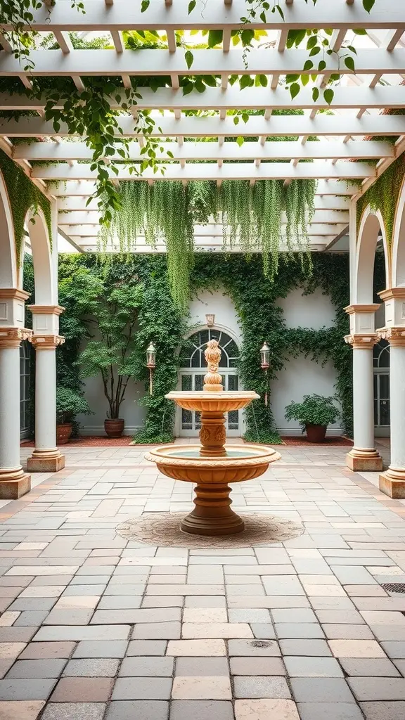 A beautifully designed courtyard with a central fountain, surrounded by lush greenery and elegant arches.