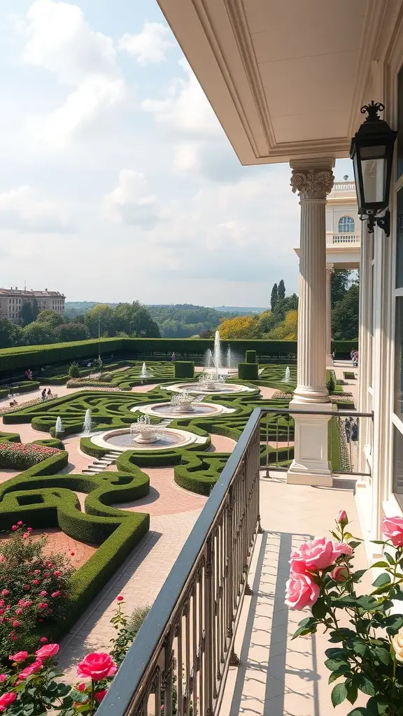 A beautiful garden view from a balcony, featuring symmetrical hedges, fountains, and blooming roses.