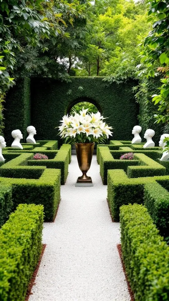 A beautifully landscaped garden featuring a marble maze with trimmed hedges, a black urn with lilies, and ornamental statues.