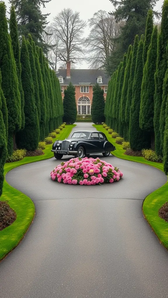 A beautifully landscaped carriage roundabout with a classic car and vibrant flowers, surrounded by tall trees.