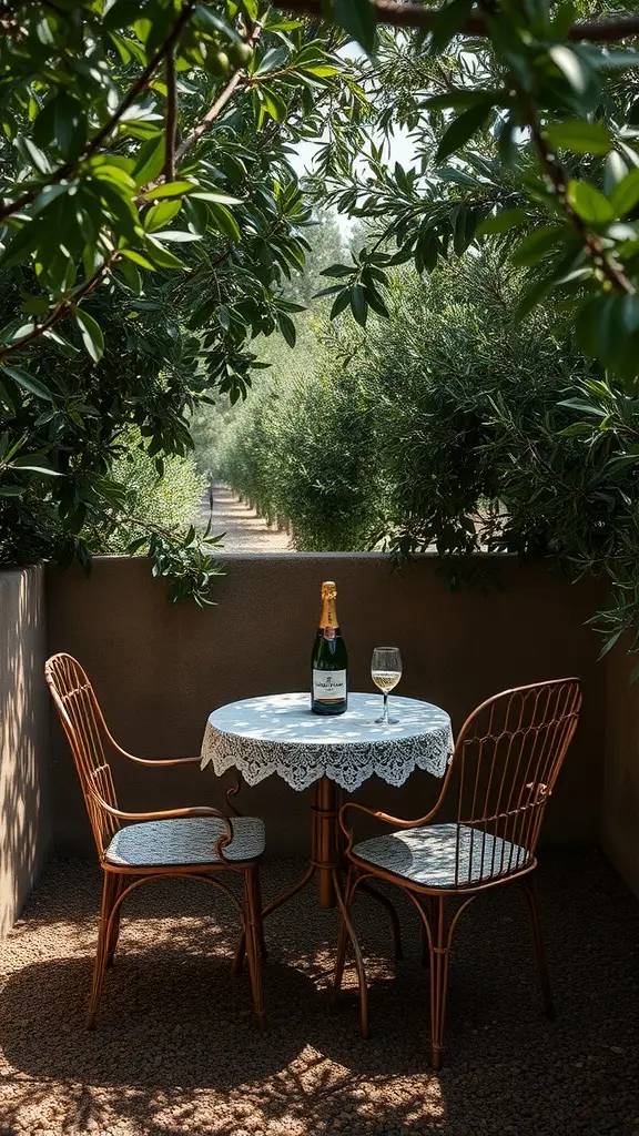 A bistro garden alcove with a round table, lace tablecloth, and a bottle of sparkling wine surrounded by lush greenery.