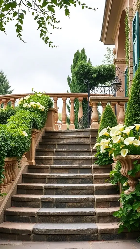 A beautifully landscaped staircase with ivy and flowers, reflecting 1920s elegance.
