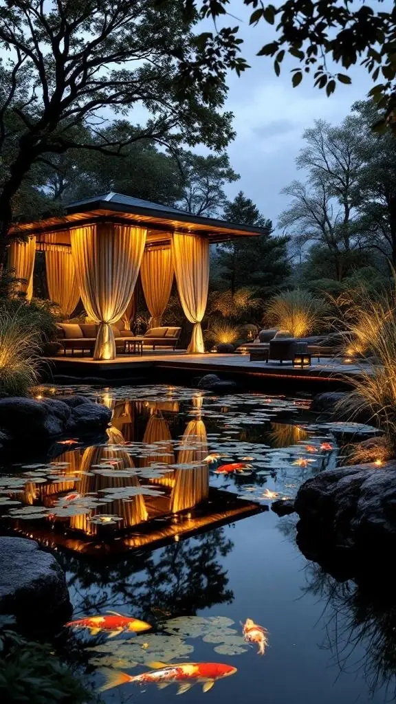 A serene pavilion by a pond with koi fish, reflecting elegance and tranquility.