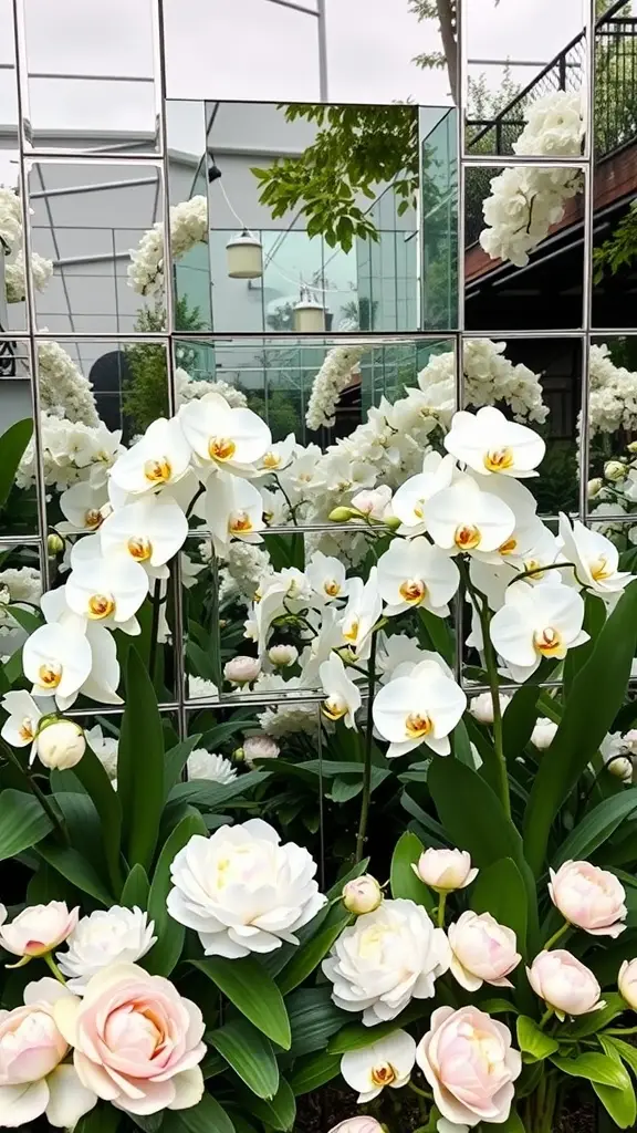 A garden scene featuring a mirror wall reflecting white orchids and pink peonies, inspired by Gatsby's Garden.