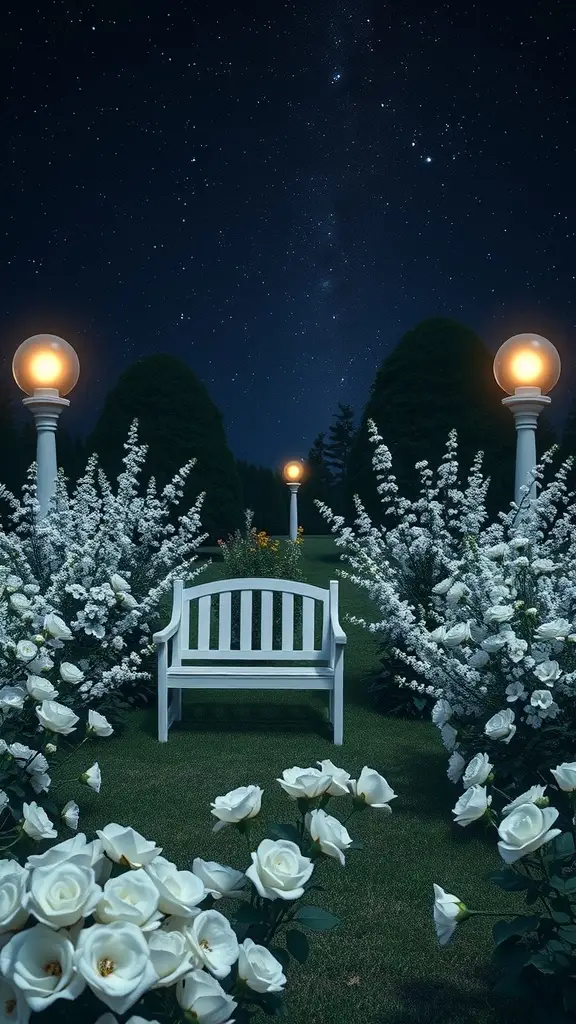 A moonlit garden niche with white roses and a bench, illuminated by soft lamps.