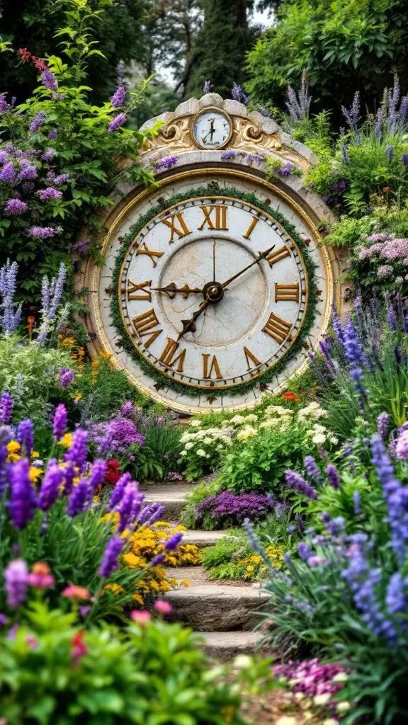 Art Deco garden clock surrounded by lavender and greenery