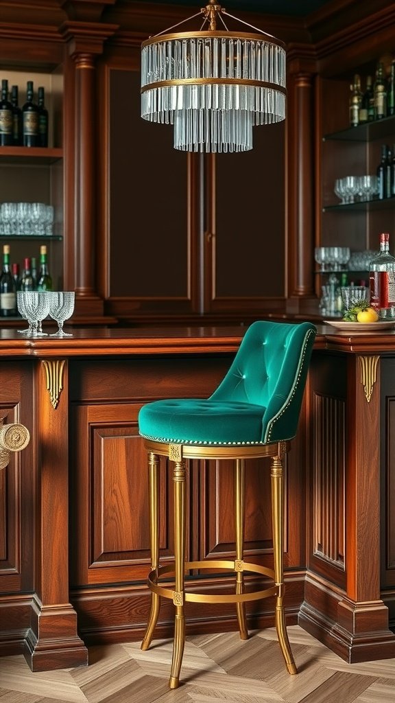 A luxurious home bar featuring a green velvet stool, elegant chandelier, and wooden cabinetry.