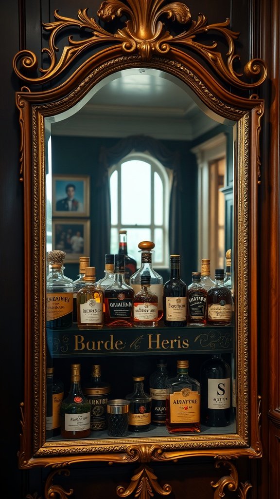 A vintage cabinet with a mirror showcasing various bottles of spirits, reflecting the charm of a Gatsby-Era Home Bar.