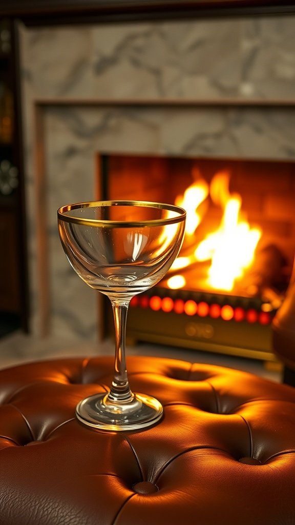 A champagne coupe on a leather ottoman in front of a glowing fireplace, evoking a Gatsby-era home bar.