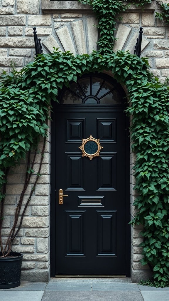 A stylish black door with vintage details, surrounded by lush greenery, leading to a speakeasy-inspired home bar.