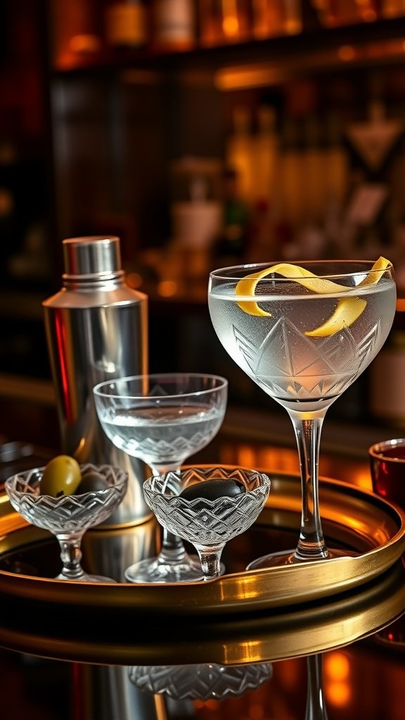 A stylish Tuxedo Martini setup featuring vintage glassware, a shaker, and garnishes.