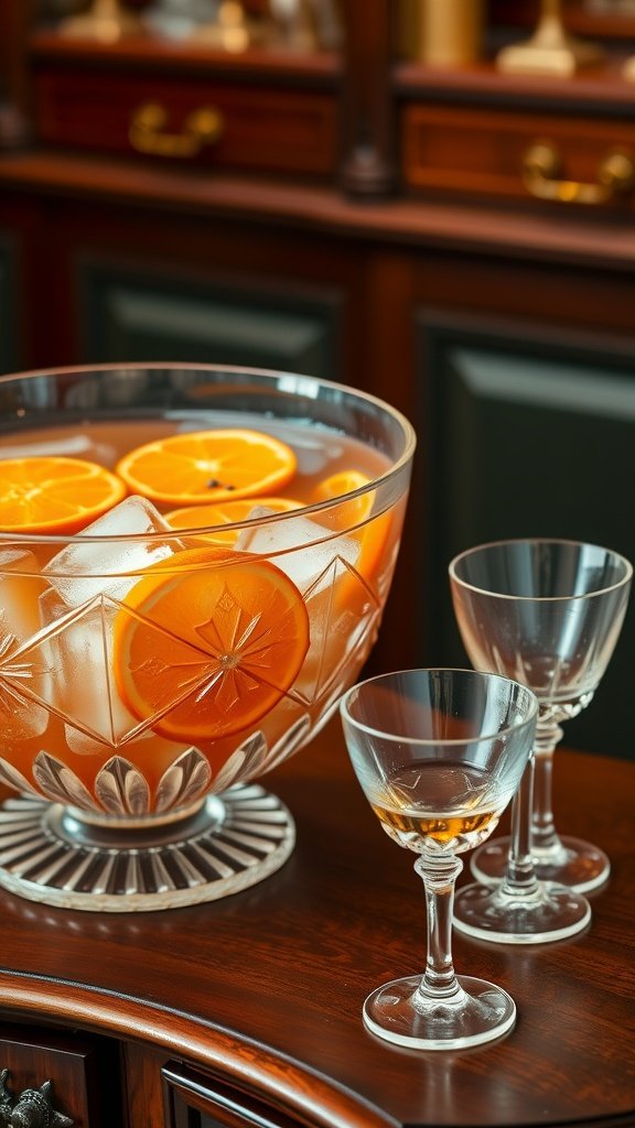 A vintage punch bowl filled with orange slices and ice, accompanied by elegant glassware on a wooden table.