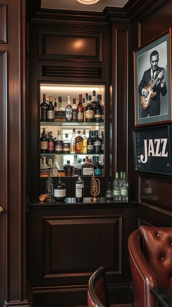 A stylish home bar with dark wood cabinetry, vintage glassware, and a jazz musician's photo on the wall.
