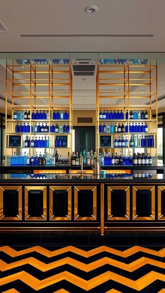 Art Deco mirror bar with blue glass bottles and a stylish design