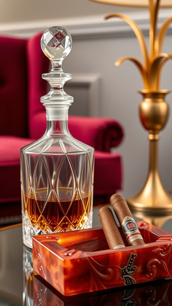 A whiskey decanter with cigars on a table, set in a luxurious environment.