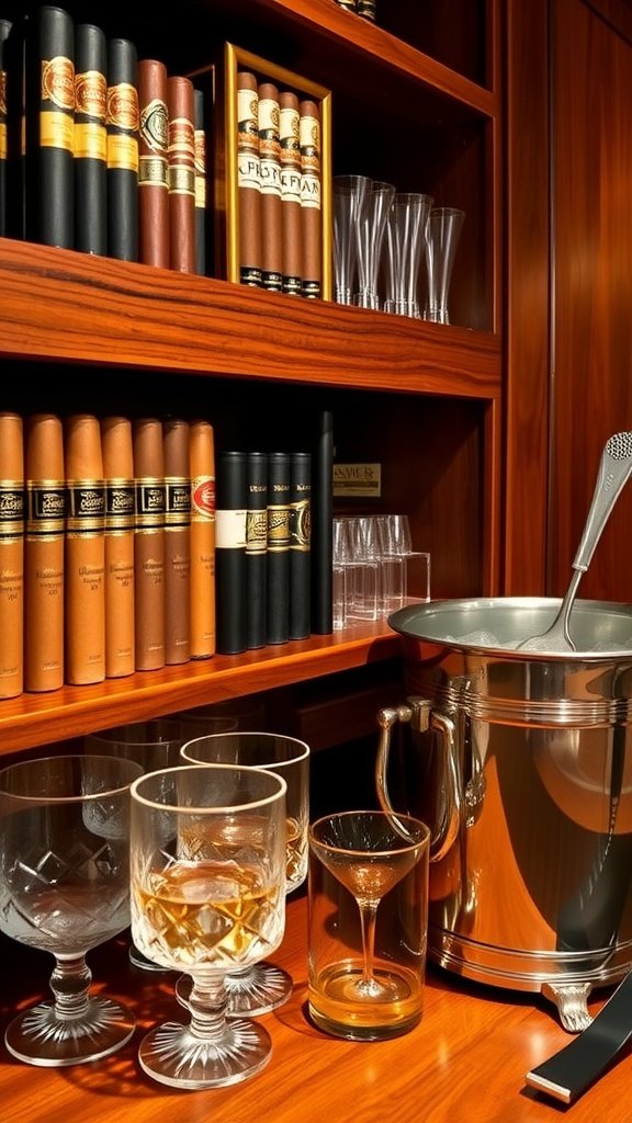 A vintage home bar setup featuring crystal glassware, cigars, and a selection of spirits.
