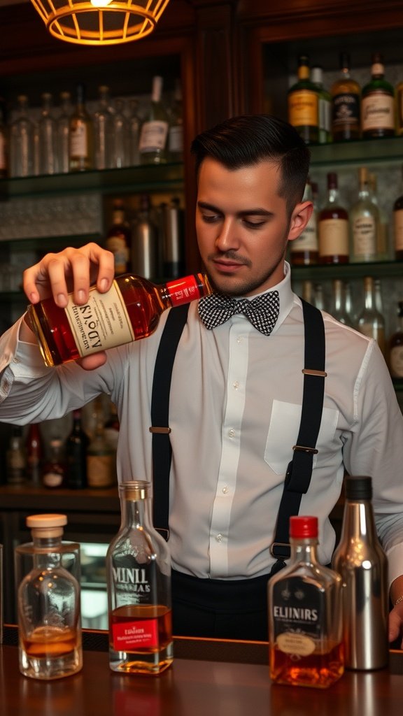 A bartender in a classic outfit pouring a drink at a home bar with vintage glassware and various liquor bottles in the background.