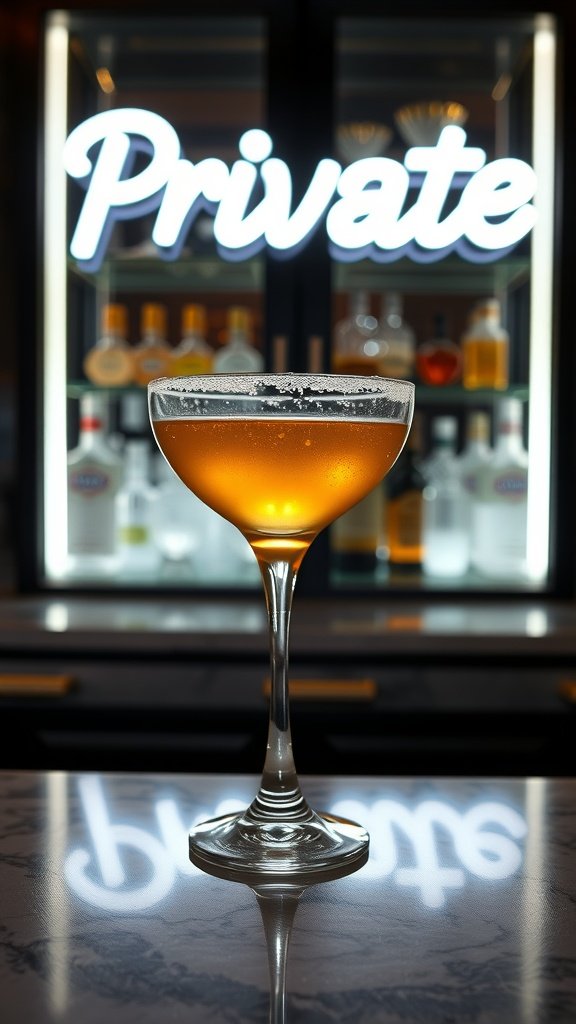 A vintage cocktail glass filled with a golden drink, set against a 'Private' sign, evoking the charm of a speakeasy.