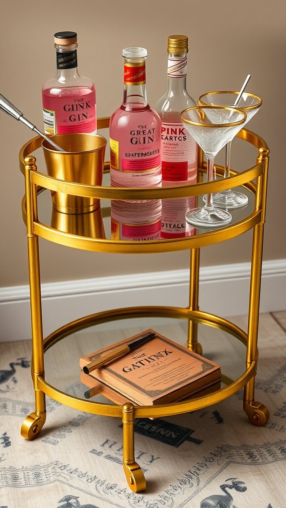 A gold bar cart with gin bottles and elegant glassware, evoking a Gatsby-era home bar.