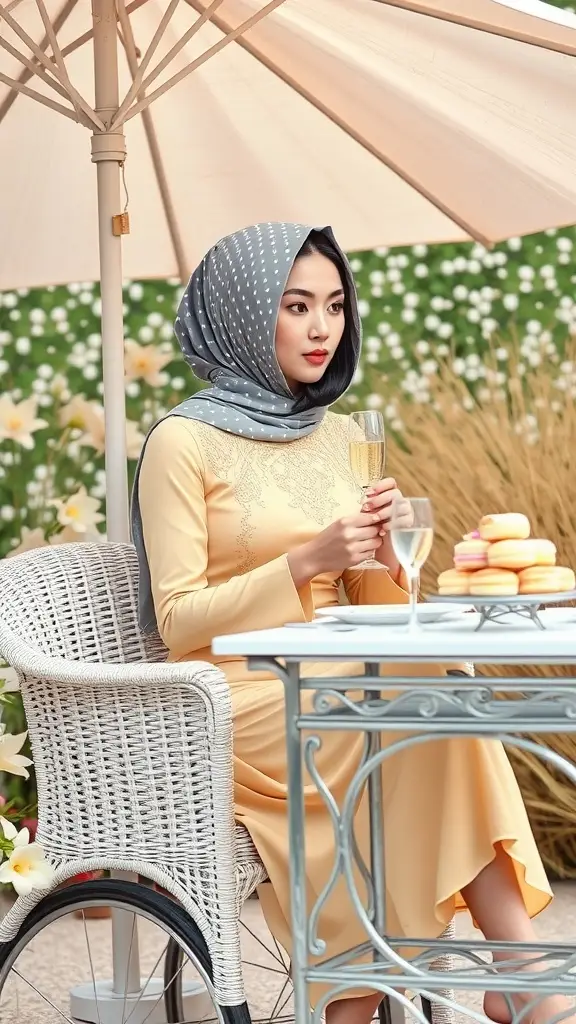 A woman in a yellow dress and grey scarf sitting at a table with macarons and a drink in a garden.